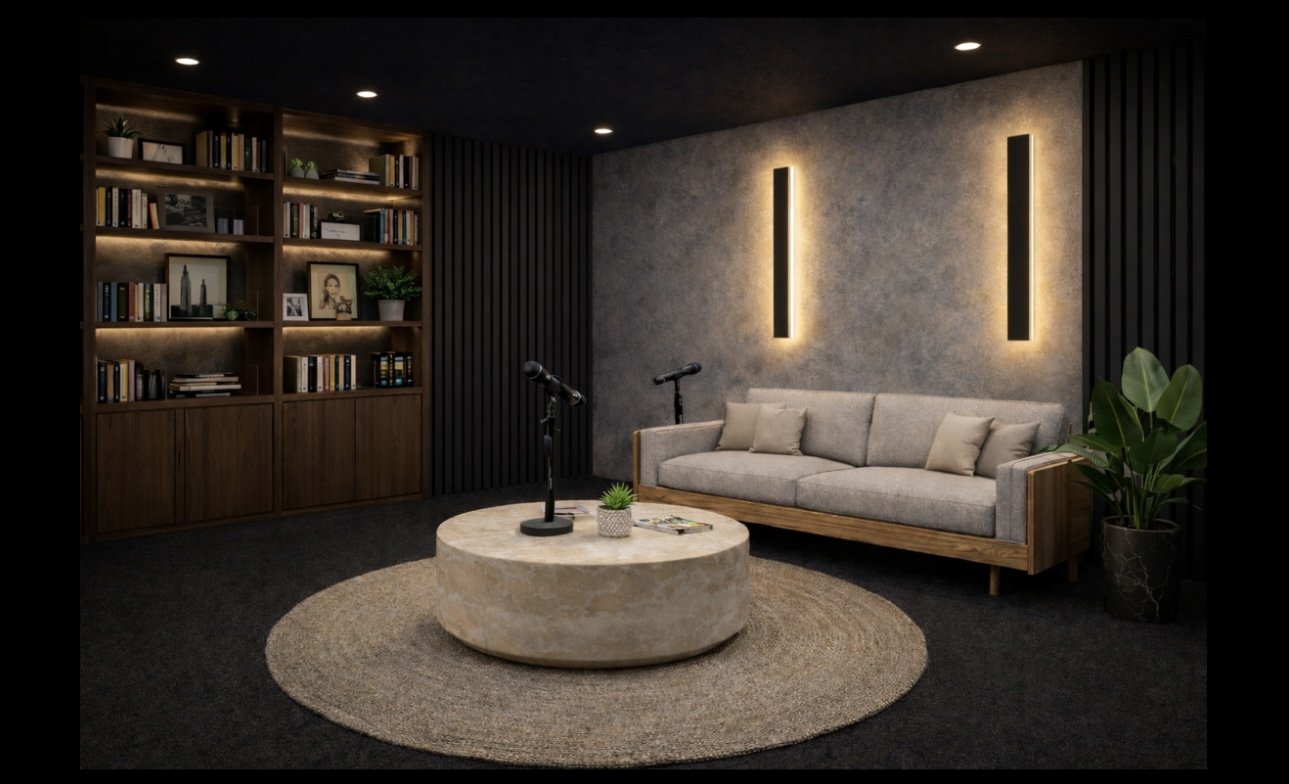 Morning Wellness Club podcast studio with microphones, warm lighting, and bookshelves
